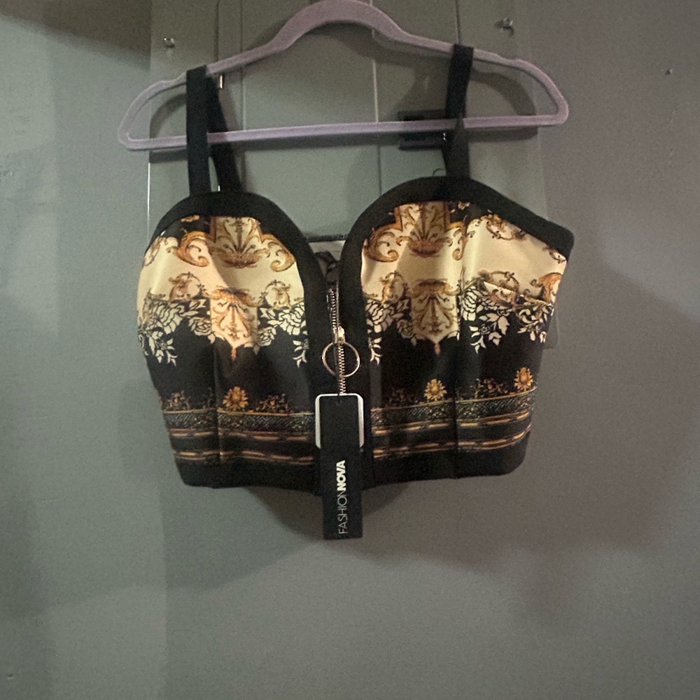 Fashion Nova Black and Gold Patterned Bustier